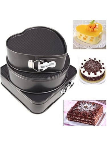 Dubai Gallery 3Pcs/Set Square Round Heart Shape Cake Mold Non Stick Baking Tray With Buckle Bakeware Black 27 * 27 * 27Cm