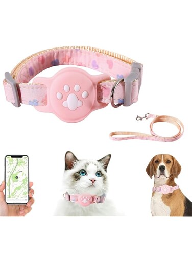 PUCHEN Upgraded 2 in 1 Airtag Cat Collar &amp; Leash طوق القط, Adjustable Air tag Cat Collar with Safety Buckle, Compatible with Apple Airtag for Cat Dog Kitten Puppy (Pink)