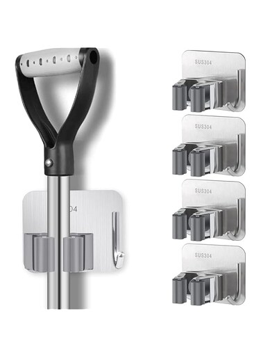 Aputue Mop Broom Holder, 4 Pcs Stainless Steel Mop and Broom Holder Wall Mount, Self Adhesive No-Drilling Mop Holder Wall Mounted, Heavy Duty Hook Hanger for Home, Kitchen, Garden, Bathroom