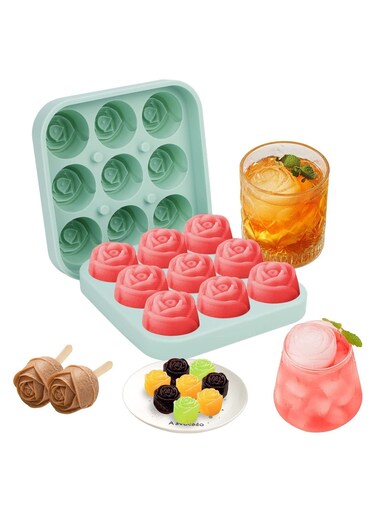 9 Hole Silicone Rose Ice Cube Mold Ice Ball Maker with Lid Silicone Sphere Ice Cube Tray Sphere Ice Cube Mold Silicone Ice Ball Maker Ice Cube Container for Cooling Whiskey Cocktail Juice Green