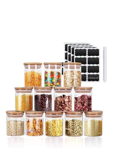 12 pcs Set Glass Spice Jars with Bamboo Airtight Lids and Labels Food Cereal Storage Spice Containers for Home Kitchen Tea Herbs Coffee Flour Herbs Grains Glass Jars Set 300ML Round
