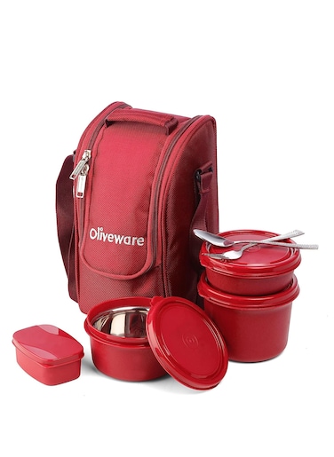 Executive Micro Safe Lunch Box   3 Stainless Steel Containers   Microwave Safe   Insulated Fabric Bag   Leak Proof   Full Meal (Red)