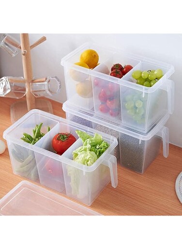 Kitchen Storage Containers with Handle,Plastic Food Storage Organizer Boxes with Lids for Refrigerator,Fridge, Freezer Cabinet Desk, 3Pcs Container Set Food Organizers with Lid and 9 Removable Bins(3