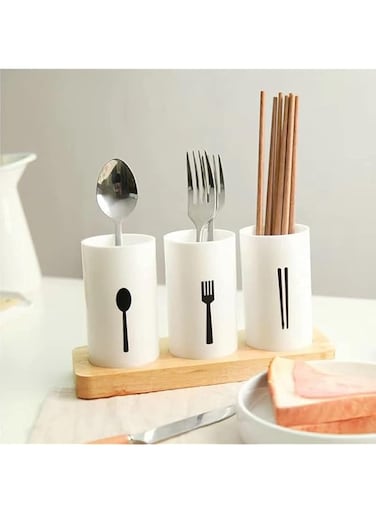 URbazaar Utensil Holder,Plastic Self Draining Tableware Storage Box,Kitchen Utensils Caddy Flatware Organizer Cutlery Holder, Kitchen Countertop Chopstick Spoon Fork Drainer with Wood Base (A)