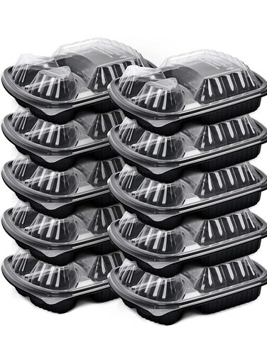 [5 Pack] 3 Section Black Base with Lids Food Storage Container