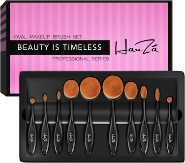 Hanza Makeup Brushes - 10 Piece Professional Oval Makeup Brush Sets For Powder, Blush, Foundation, Concealer, Eyeliner, Eye Shadow, Etc. Easily Blends And Contours Cosmetics