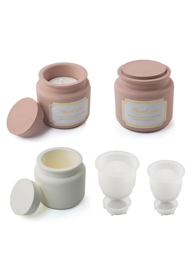 Storage Box with Lids Candle Jar Molds Set, Creative Silicone Vessels Pot Molds, Concrete Round Stripe Cover Bottle Making Moulds for Holder