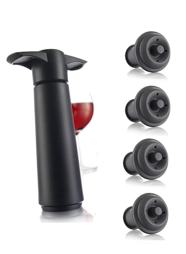 Saver Pump with 4 Vacuum Bottle Stoppers Black Efficient Wine Preservation