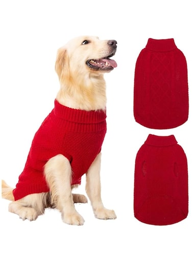 Mihachi Turtleneck Dog Jumper - Dog Sweater Winter Coat Apparel Classic Cable Knit Clothes with Leash Hole for Cold Weather
