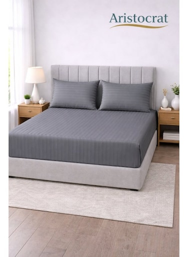 3-Piece Striped Microfiber Fitted Sheet Set Queen 150x200cm &acirc;&euro;&ldquo; Soft Elastic Deep Pocket 17cm Bedsheet with 2 Pillowcases 50x70cm, Grey Microfiber Grey 150X200+17cm