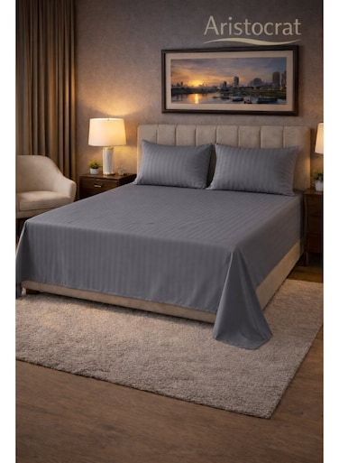 3&acirc;&euro;&lsquo;Piece Striped Microfiber Flat Bed Sheet Set, suitable for Queen and King sizes, 220x240cm &acirc;&euro;&ldquo; Soft Breathable Flat Sheet with 2 Pillowcases 50x70cm, Grey Microfiber Grey 220x240cm