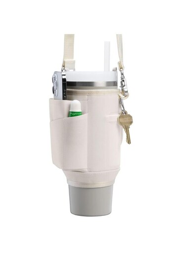 Day Quencher Carry All for 30 oz Tumbler with Handle, Crossbody Bag with Phone Holder Pocket, Card Sleeve and Detachable Strap, Water Bottle Carrier Bag, Cream