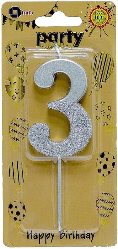 Italo Number 3 Glitter Dipped Birthday Candle, Silver