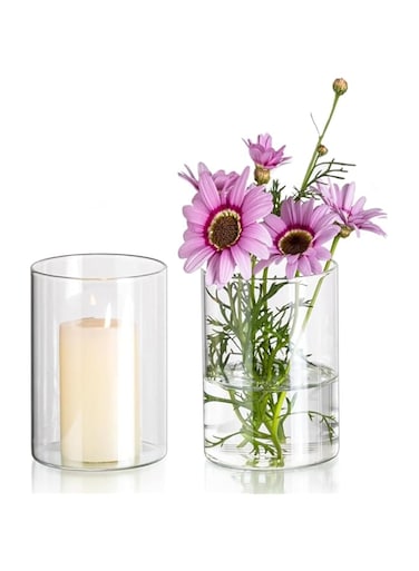 YARDHOBI 2 Pack Glass Cylinder Vases, Clear Flower Vase, 8 Inch Tall Glass Flower Vases, Table Flowers Vase, Hurricane Floating Candle Holder for Table Centerpiece Wedding Home Decor