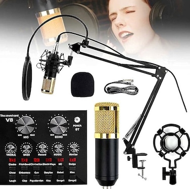 Podcast Equipment Bundle with BM800 Podcast Microphone and V8 Sound Card Voice Changer Audio Interface Perfect for Recording Singing Streaming and Gaming