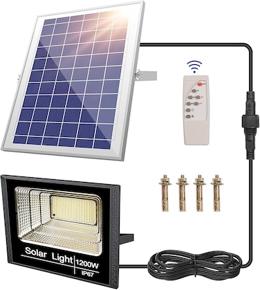 1200W Solar Flood Light, 10,000 Lumens Outdoor LED, IP67 Waterproof with Remote Control &ndash; Bright White Light for Garden &amp; Security