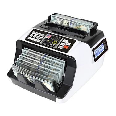 Portable Money Counter Machine with Counterfeit Detection, Add and Batch Modes, and an Easy-to-Read LCD Display.