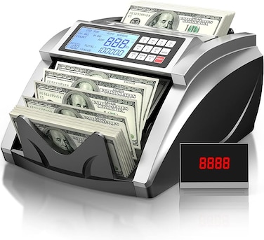 Money counter machine with counterfeit detection, featuring a large LCD display for easy operation and accurate banknote verification