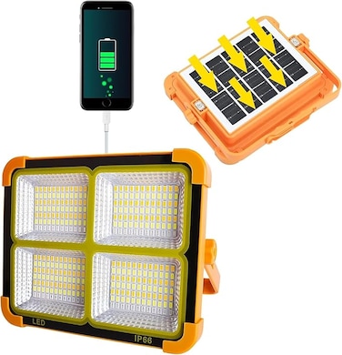 Solar LED Work Lights, 200W Rechargeable Portable USB Flood Light 4 Modes Security Job Site Lighting Waterproof 3000LM for Outdoor Camping Fishing Hiking Car Repairing Emergency