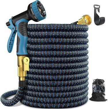 Expandable Garden Hose 7.5m, 15m, 30m UAE Standard Brass Connectors, Ultra-Lightweight Design, 10 Modes Nozzle, Triple Latex Core &amp; 4000D Fabric for Garden, Car, Pet (Blue-15m, 50ft)