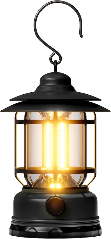 Retro Camping Lantern, Portable LED Lantern with Stepless Dimming, Water Resistant, Black