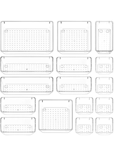 DeloPik Desk Drawer kitchen Organizers Trays Set Clear Plastic Storage Bins Bathroom Drawer Tray Dividers Vanity Trays Organizer for Bedroom Dresser Makeup Kitchen Utensil Office (16 Pack)