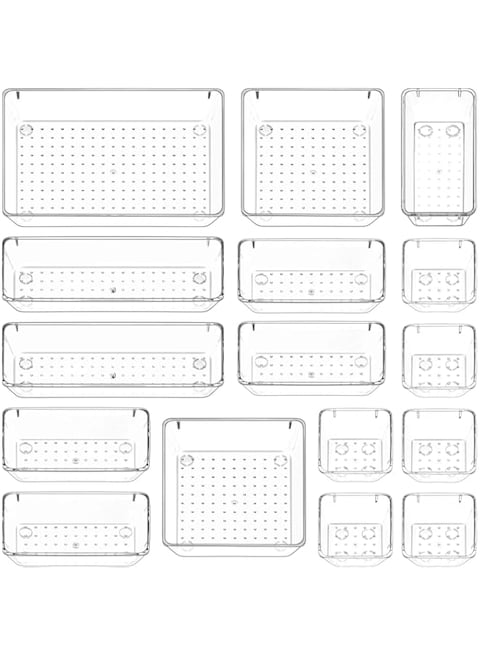 DeloPik Desk Drawer kitchen Organizers Trays Set Clear Plastic Storage Bins Bathroom Drawer Tray Dividers Vanity Trays Organizer for Bedroom Dresser Makeup Kitchen Utensil Office (16 Pack)