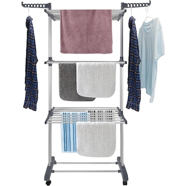 3 Layers Clothes Drying Rack Folding Clothes Rail Of Clothes Hanger, Adjustable Stainless Steel Hanger With Two Side Folding Wings For Indoor And Outdoor