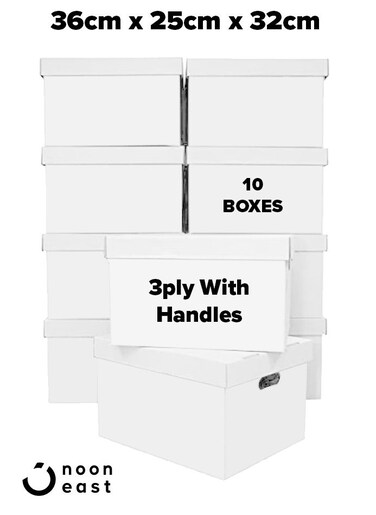 10 Pack Cardboard Storage Box with built-in handle and Lid - Heavy duty Storage for Office, Home, and Moving Needs, 100% recyclable,3 Ply - 36 x 25 x 32 cm