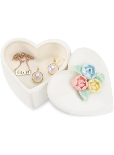 KASTWAVE Elegant Jewelry Box for Women - Small Heart-Shaped Storage with Lid for Rings, Earrings, and Necklaces - Great Mother's Day Gift in White with Floral Design
