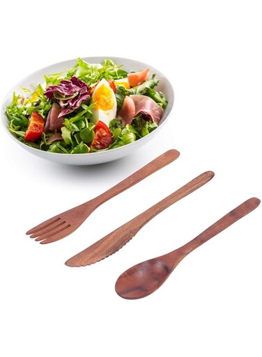 FEIP Wooden Tableware, Kitchen Tableware Wooden Dinner Utensil Set 3Pcs Kitchen Flatware Sets, Wood Cutlery Office for Barbecue School Picnic