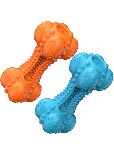 SCHITEC Two Squeaky Dog Chew Toy for Aggressive Chewers Large Breed, Tough Indestructible Rubber Bone with Toothbrush for Big Medium Dogs Teeth Cleaning, Blue and Orange