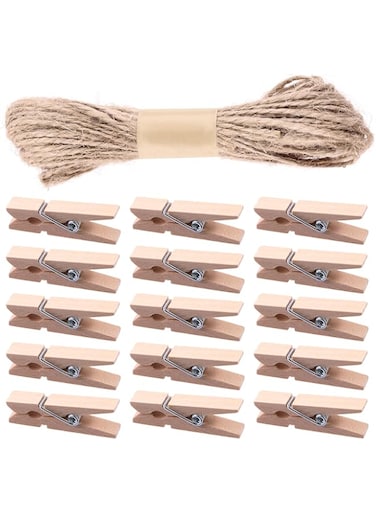 Tanstic 101Pcs Natural Wooden Clothespins Kit, Mini Clothes Pins Photo Paper Peg Pin Craft Clips Mini Clothespins with Jute Twine for Photos, Crafts, Arts-1.38 Inch