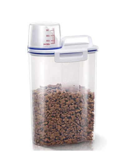Airtight Pet Food Storage Container, Small Dog Food Container with Measuring Cup, Cat Food Container with Pour Spout, 2 Snap Clips Food Dispenser for Regular Food, Dogs, Cats, Birds
