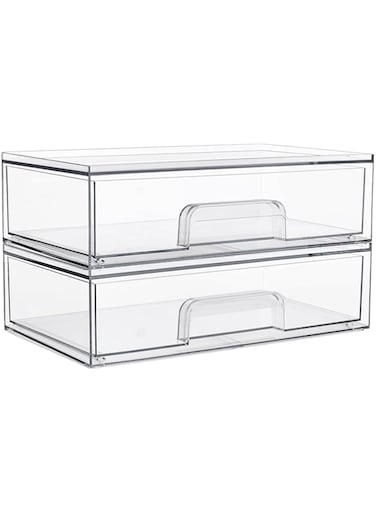 12.1''W Clear Stackable Storage Drawers,2 Pack Acrylic Plastic Organizers Bins for Makeup Palettes, Cosmetics, and Beauty Supplies,Ideal for Vanity, Bathroom,Cabinet,Desk Organization
