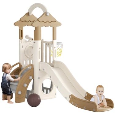 Little Angel Kids Slide, Climber &amp; Basketball Hoop - Coffee