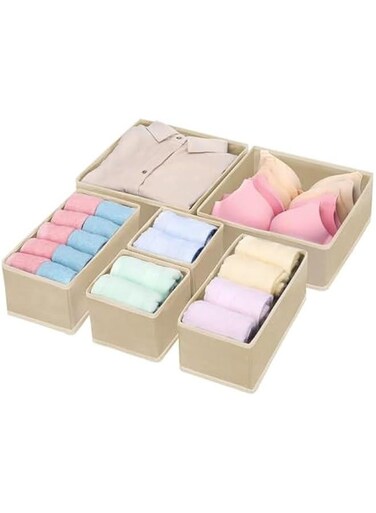 Set of 6 Foldable Clothes Drawer Organizers, Fabric Closet Dresser Drawers Organizers Dividers,Clothing Storage Organizers Box for Underwear, Bras, Lingerie, Panties, Socks,shirt (Beige)