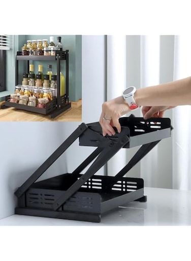 AMERTEER Pull Out Spice Rack Organizer for Kitchen, 2-Layer Foldable Standing Shelf for Countertop &amp; Cabinet, Black Seasoning Holder for Jar Storage, Kitchen Spice Racks (Black)