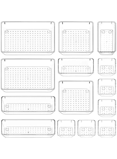PICCASIO&trade; Multi-Purpose Drawer organizer Set, Different sizes Clear Vanity Tray Organizers and storage Boxes, Clear Plastic Storage Bins for Makeup, Office, Kitchen and Bedroom (14 Pcs)