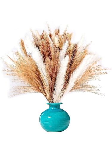 TERRIFI 91 Pcs Pampas Grass Decor, Natural Dried Pampas Grass, Brown &amp; White Pampas - Bunny Tail Reed Grass, Fluffy Dried Stem Flowers for Home Decor Wedding Boho Decor (16 inch /41 cm)