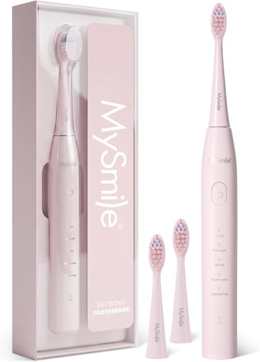 MySmile DY156 Electric Toothbrush for Adults, Rechargeable Sonic Battery Toothbrush Portable with 3 Brush Heads, 2 Mins 5 Modes Smart Timer, 45000VPM, One Charge for 60 Days (Pink, M)