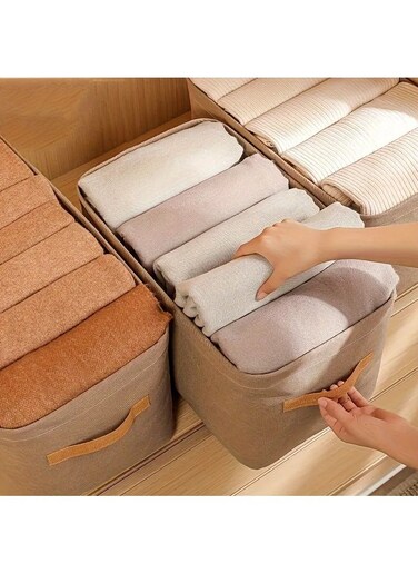 6 Pcs Cotton Linen Storage Box Foldable Storage Box With Cotton Handle Non-woven Fabric Dustproof Storage Basket Khaki