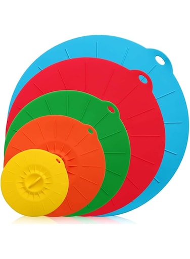 Silicone Suction Lids, 5 Sizes Colorful Food Cover, Reusable Suction Seal Heat Resistant Microwave Lids for Cups, Bowls, Plate, Pots, Pans, skillets, Stove Top, Oven, Fridge, BPA Free
