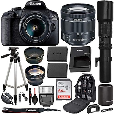Canon EOS 2000D Rebel T7 Digital SLR Camera With 18-55mm Lens Kit (Black) With Canon EF 75-300MM Lens, SanDisk 64GB Card