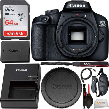 Canon EOS 4000D DSLR Camera With 18-55mm III Lens, SanDisk Ultra 64GB SDXC Memory Card &amp; Digital Slave Flash &amp; 3 Pieces Multi-Coated Filter Set