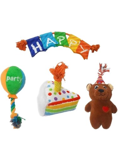 Hot Tomato Plush Squeaky Dog Chew Toy Set, 4 Pack, Durable Interactive Birthday Party Theme Soft Toys for Puppies Small Medium Dogs