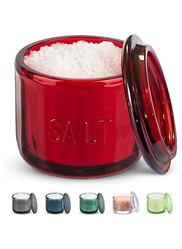 KooK Glass Salt Cellar, with Lid, Embossed Pressed Glass, Clear Storage Container, for Coffee, Sugar, Spices and Candies, 10 oz (Ruby Red)
