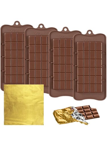 FineGood Silicone Chocolate Bar Moulds, Non-stick Break-Apart Chocolate Moulds, 4 PCS with 100 Gold Foil Wrappers