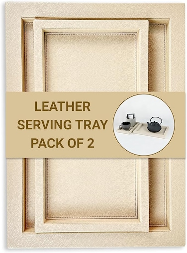 LEART Leather Serving Tray &ndash; Serving Tray without Handles   Home, Office, Restaurant   Appetizer, Food, Snack Serving Platter   Trays Serving Set (Cream   Set of 2)
