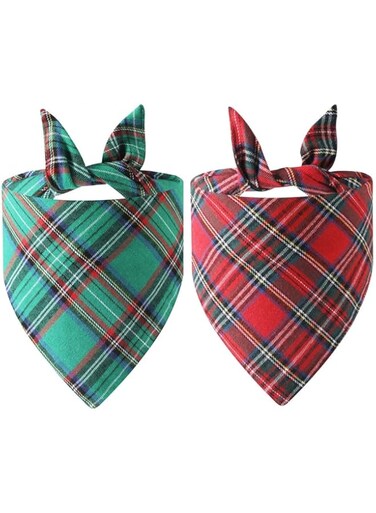 Christmas Dog Bandanas - 2 Pack Plaid Dog Bandana   Reversible Green and Red Pet Scarf   Premium Durable Fabric   Holiday Bandana for Medium and Large Dogs (Red, Green, S 55x38x38cm)